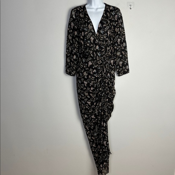 Veronica Beard Merrill Drawstring Midi Dress Black Floral Size 6 Ruched Silk - Picture 2 of 16